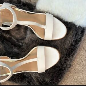 Elegant White Women's Sandals with gold bronze, stacked heel comfortable.